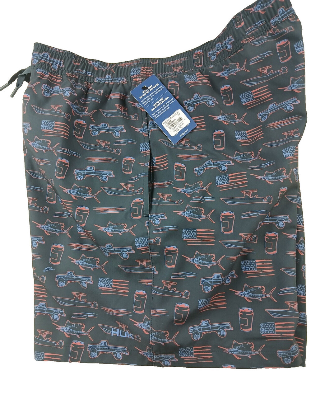 HUK Men's Blue Volley Swim Shorts Trunks Patriotic Truck Fish Boats Flags NEW XL
